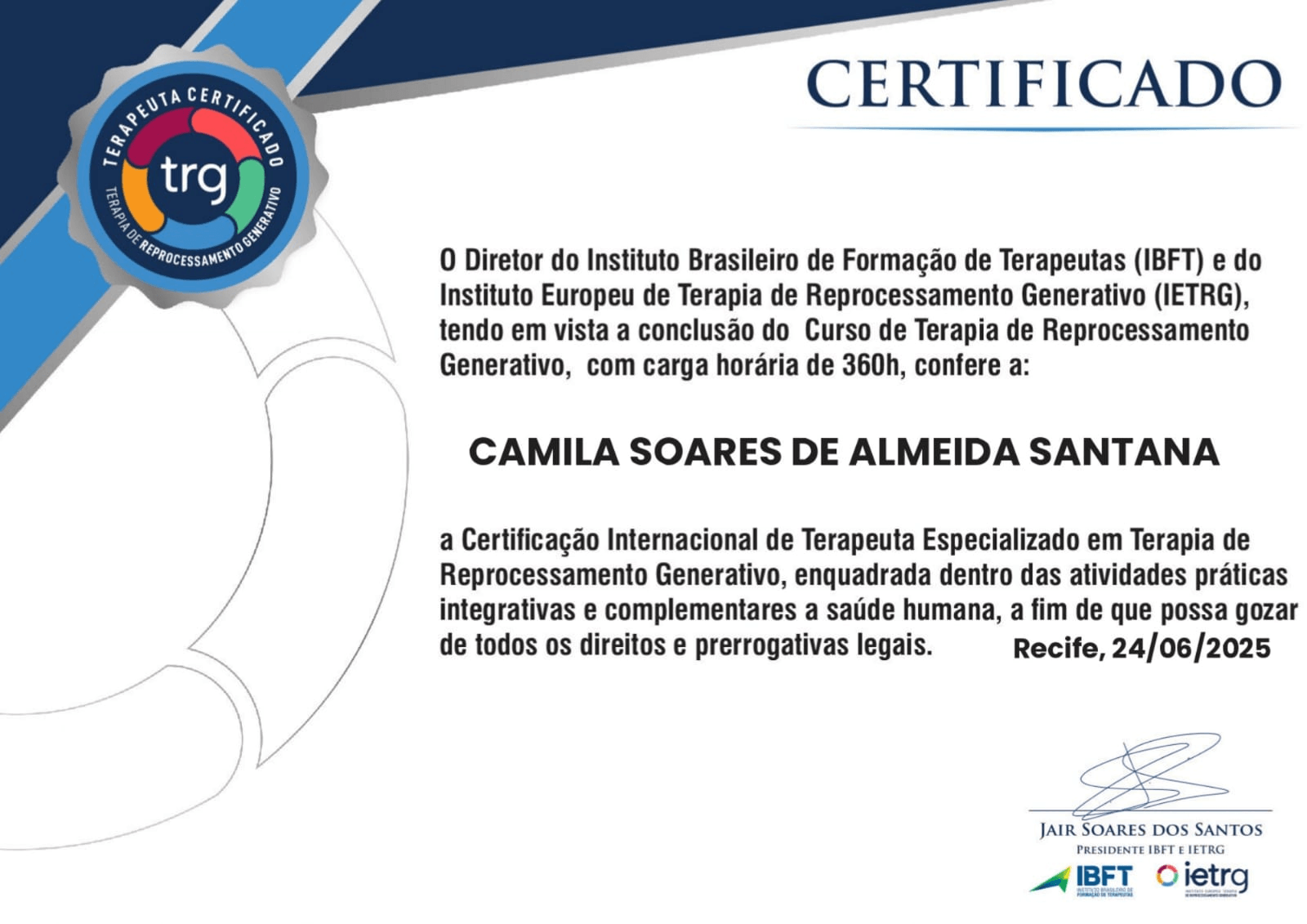 Certificado TRG - Camila Almeida